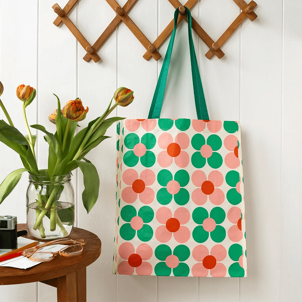 recycled shopping bag green and pink daisy