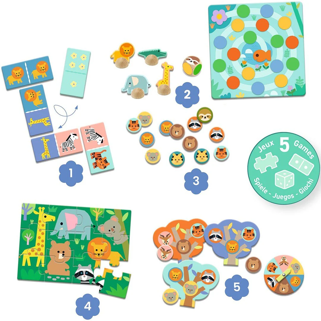 5 spellen wilde dieren memo, domino, loto, puzzle, ludo