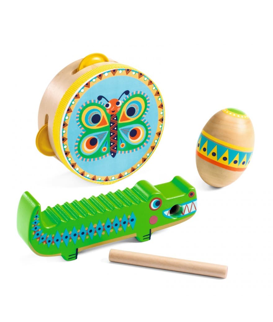 animambo set van tambourine, maracas, guiro