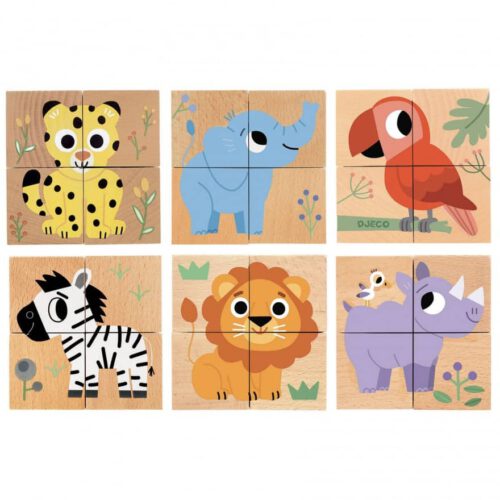 djeco 4 houten blokken puzzel 6 soorten wilde dieren