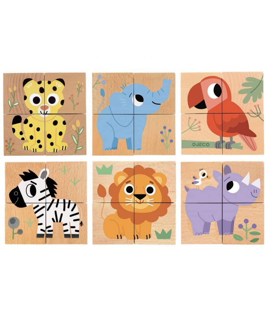 djeco 4 houten blokken puzzel 6 soorten wilde dieren