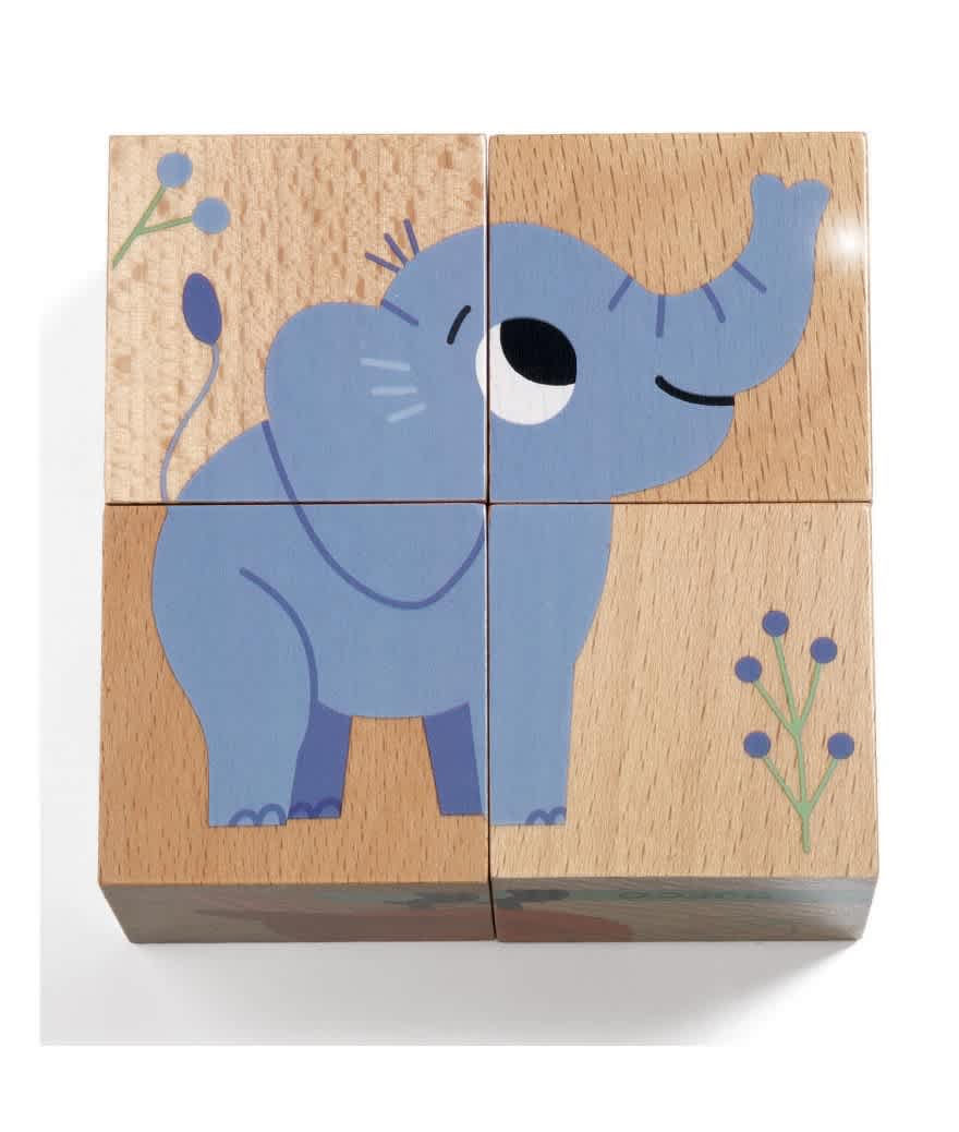 djeco 4 houten blokken puzzel 6 soorten wilde dieren
