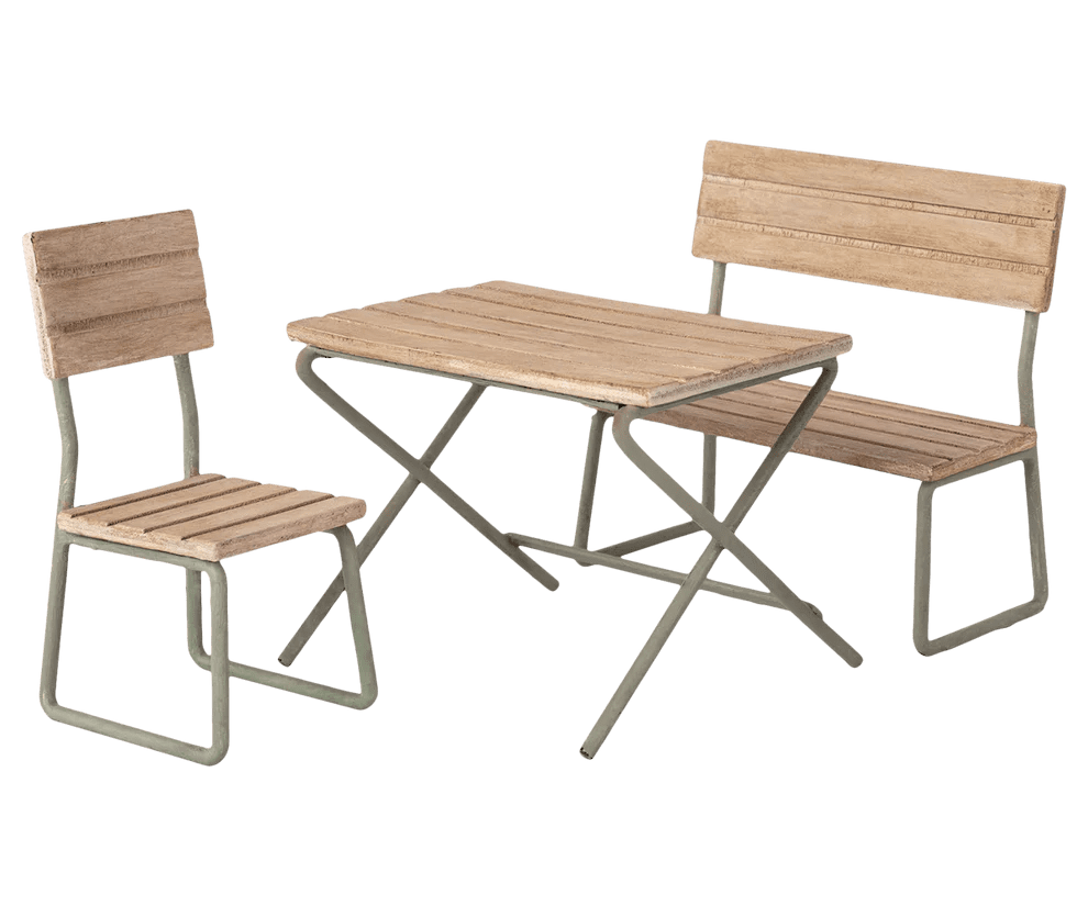maileg garden set miniature table with bench and chair