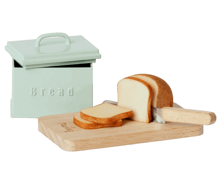 maileg miniature bread box with utensils