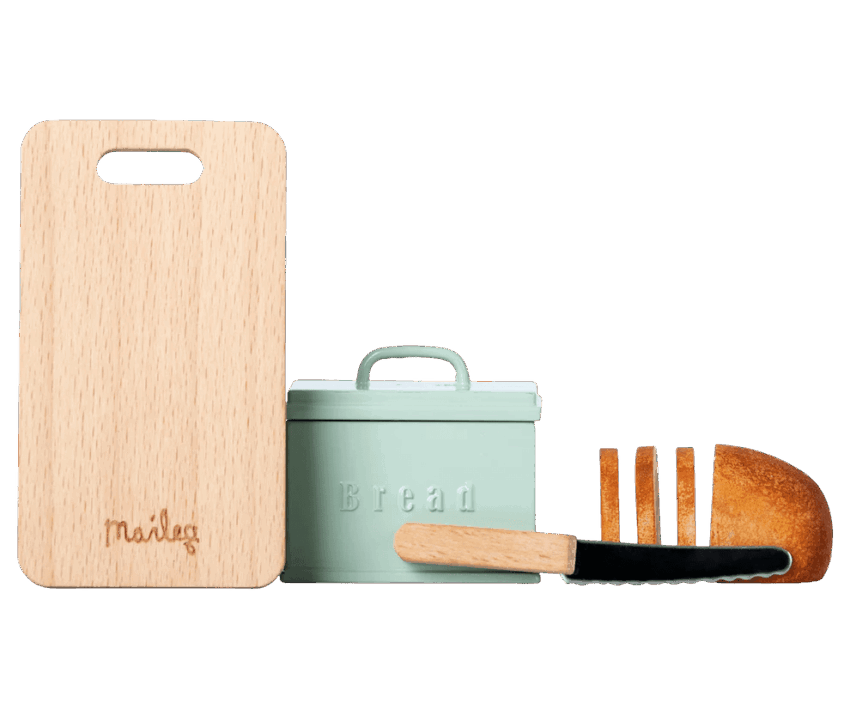 maileg miniature bread box with utensils