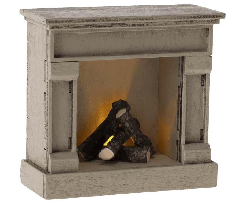 maileg miniature fireplace with light off white