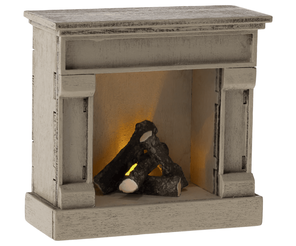 maileg miniature fireplace with light off white