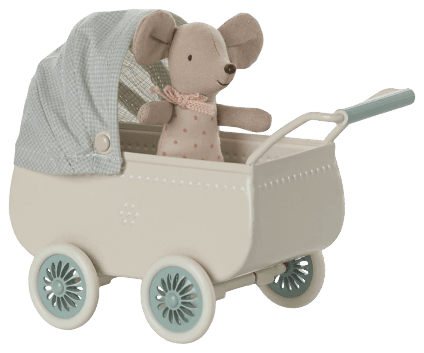 maileg pram with baby mouse mint