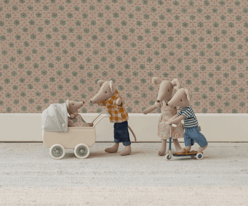 maileg pram with baby mouse mint