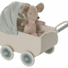maileg pram with baby mouse mint