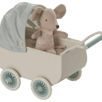 maileg pram with baby mouse mint
