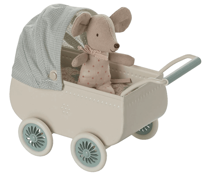 maileg pram with baby mouse mint