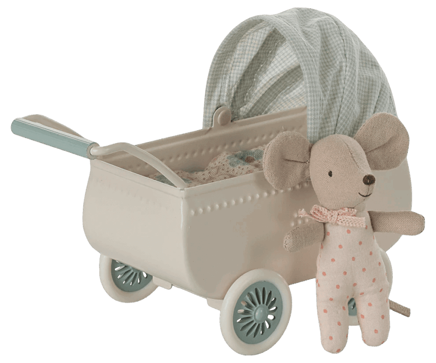 maileg pram with baby mouse mint