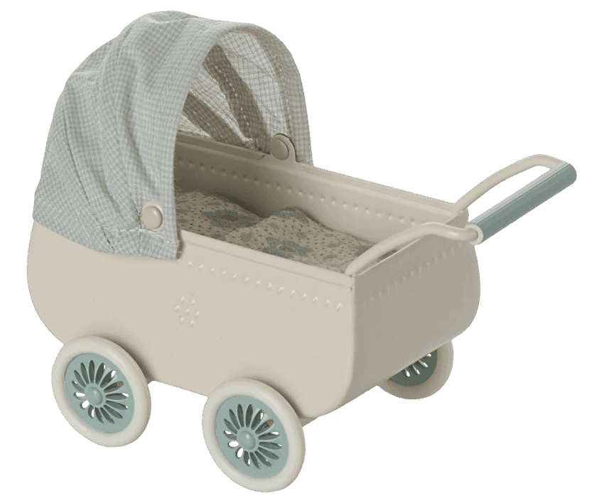 maileg pram with baby mouse mint