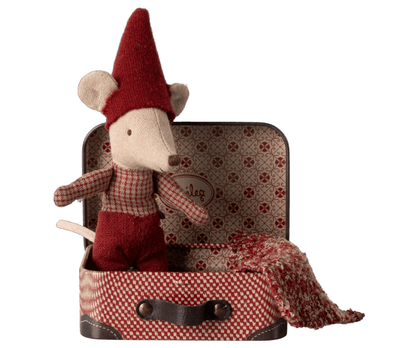 maileg christmas mouse, baby in suitcase
