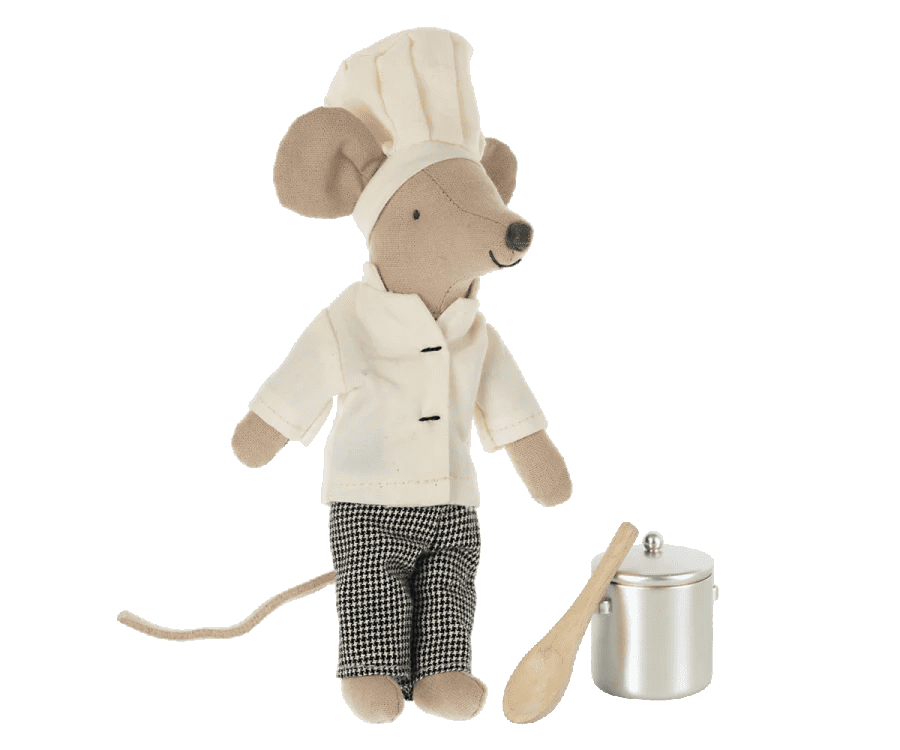 maileg chef mouse with soup pot and spoon