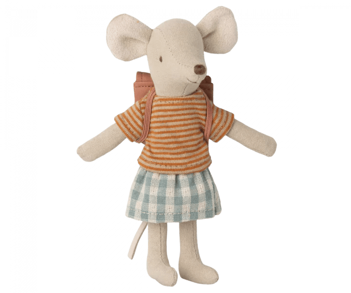 maileg tricycle mouse, big sister with backpack old rose