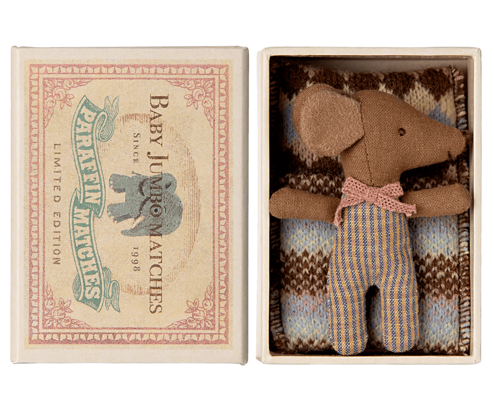 maileg sleepy/wakey baby mouse in matchbox rose