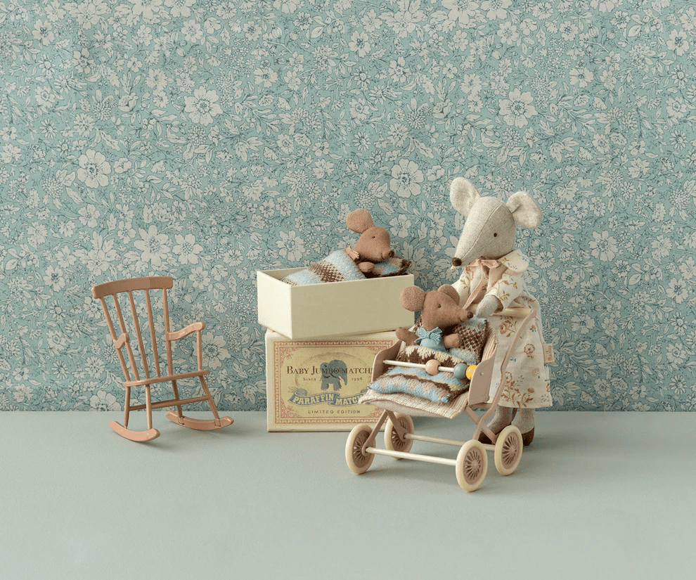 maileg sleepy/wakey baby mouse in matchbox rose