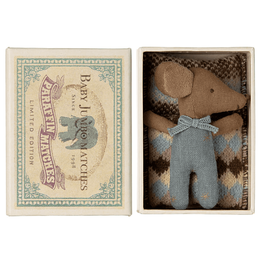 maileg sleepy/wakey baby mouse in matchbox blue