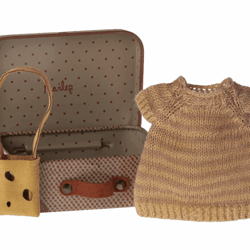 maileg knitted dress and bag in suitcase, big sister mouse
