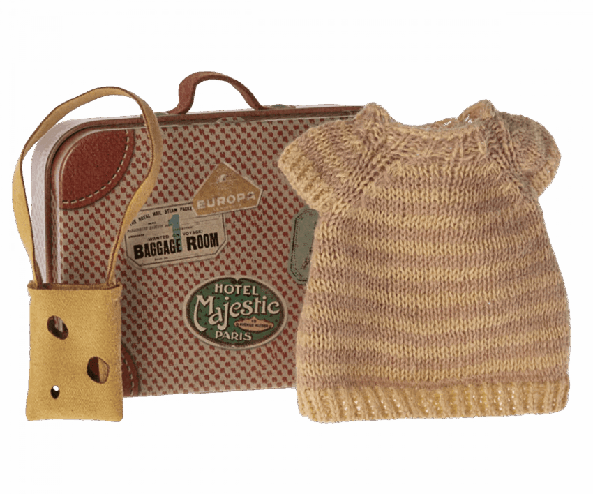 maileg knitted dress and bag in suitcase, big sister mouse