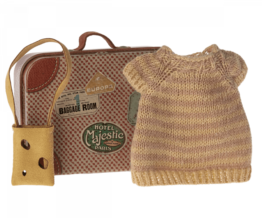 maileg knitted dress and bag in suitcase, big sister mouse