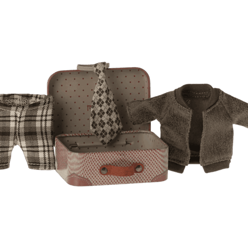maileg jacket, pants and tie in suitcase, grandpa mouse