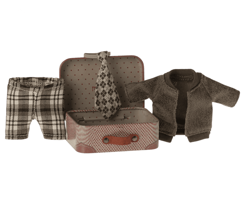 maileg jacket, pants and tie in suitcase, grandpa mouse