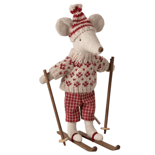 maileg winter mouse with ski set, mum red