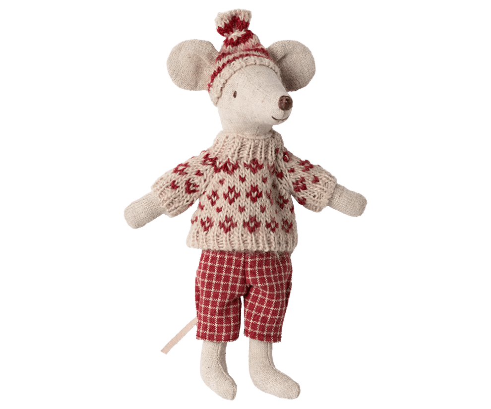 maileg winter mouse with ski set, mum red