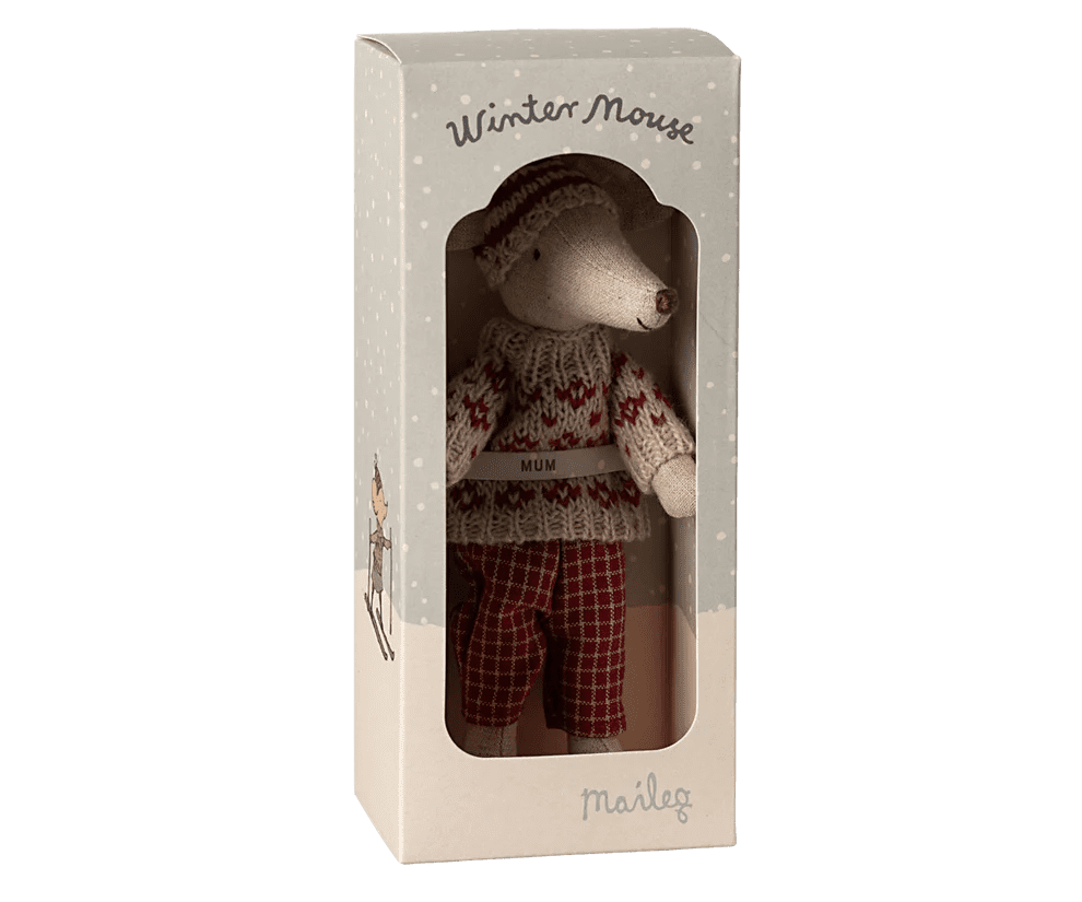 maileg winter mouse with ski set, mum red