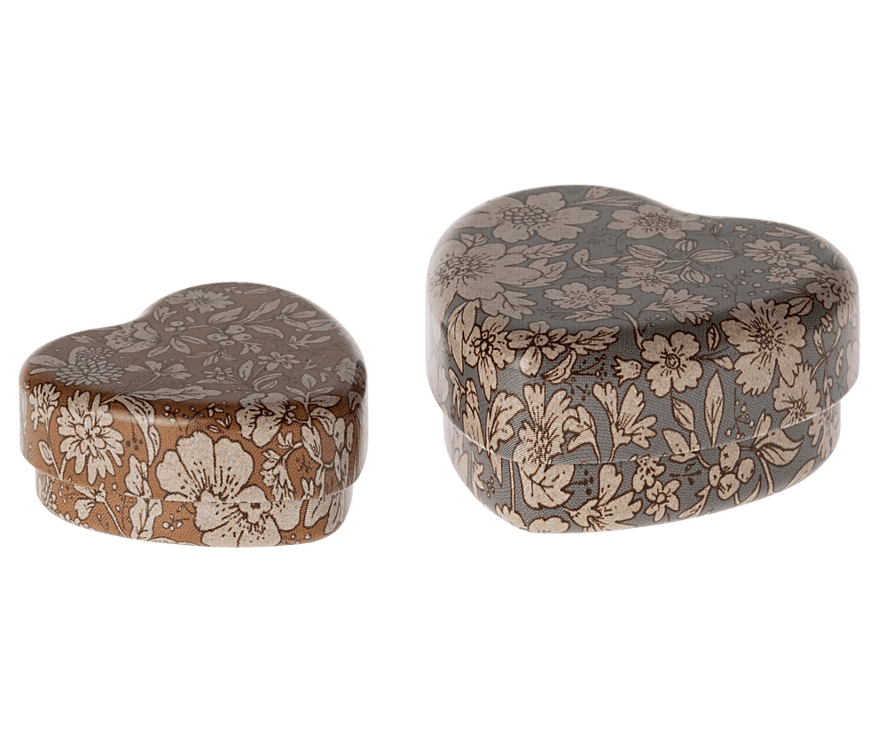 maileg metal heart box, 2 pcs set blue/ocher blossom