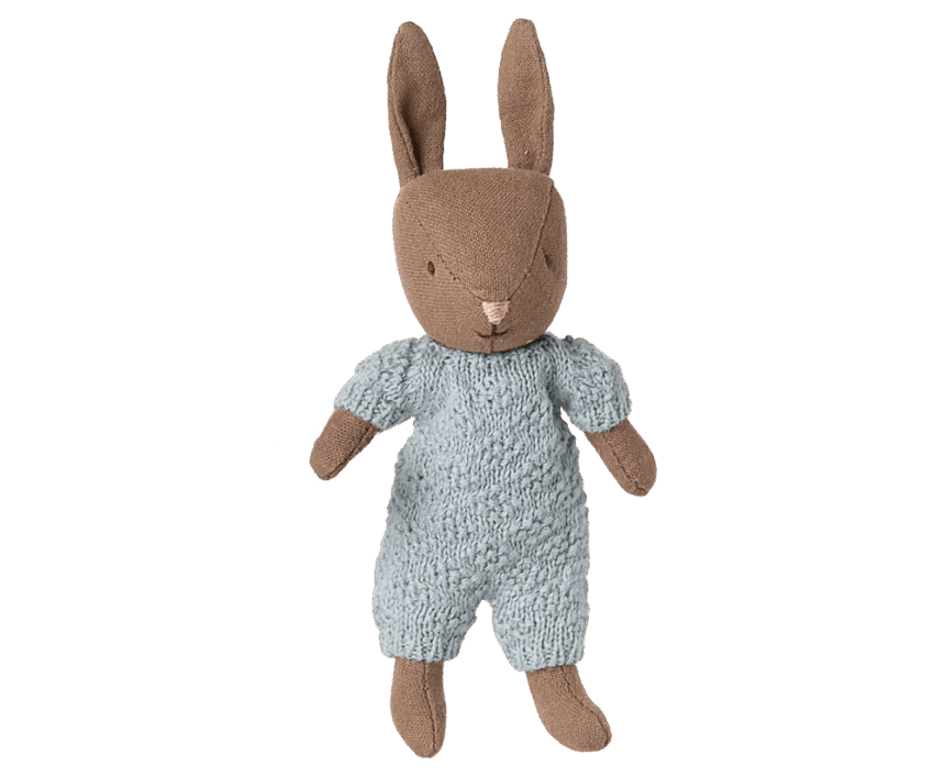 maileg rabbit, micro brown blue knitted suit