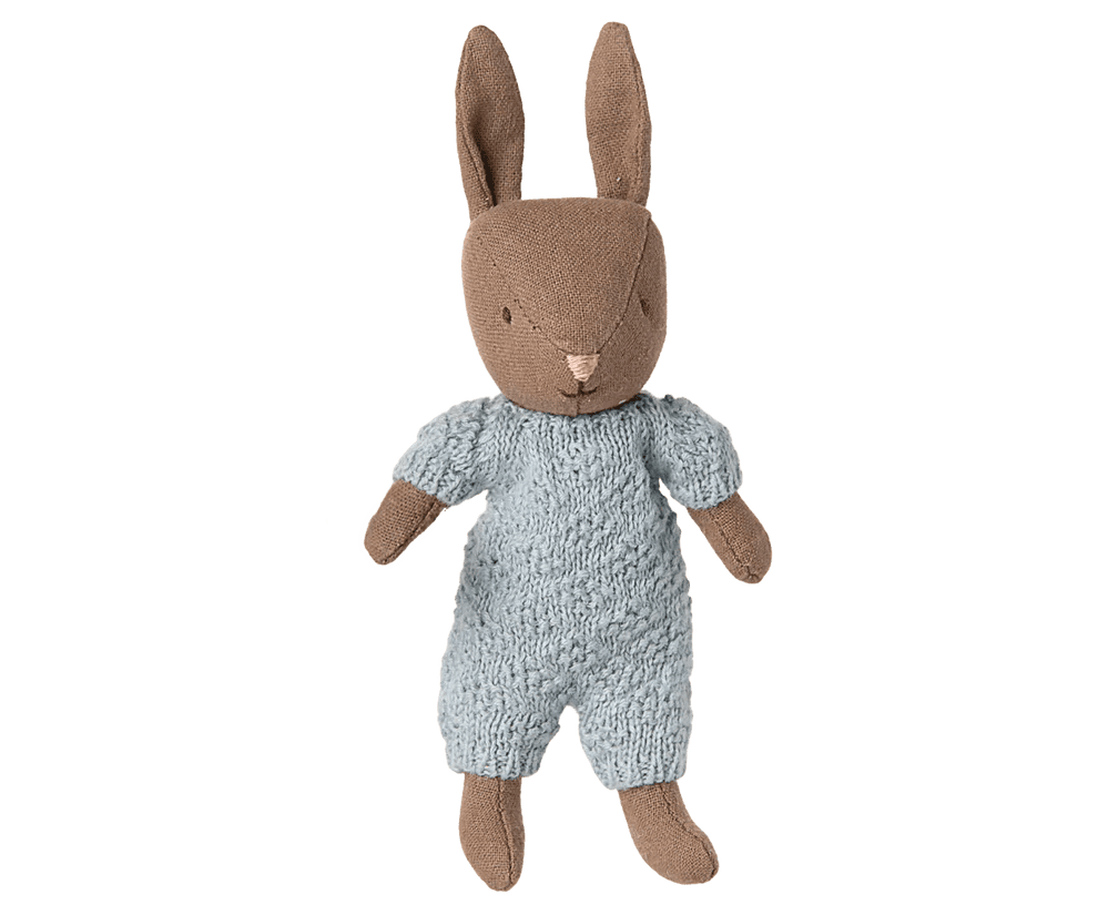 maileg rabbit, micro brown blue knitted suit