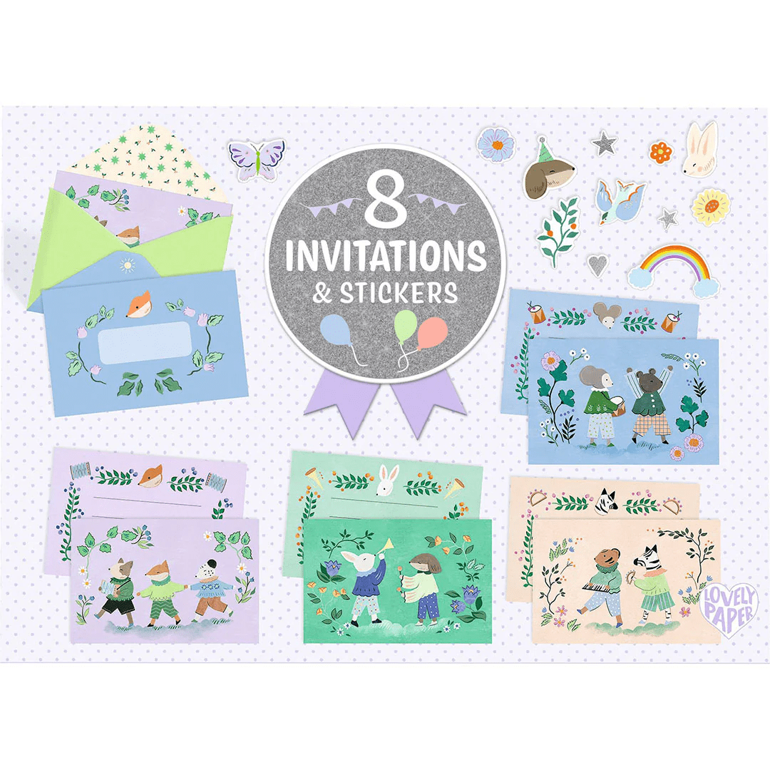 djeco verjaardagsuitnodigingen & stickers dieren fanfare! 8st