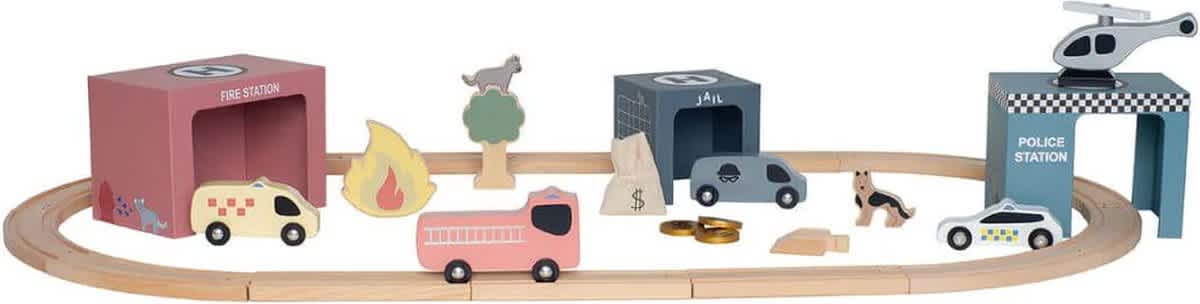 houten treinset reddingsvoertuigen (31 delig)