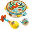 djeco set van 3 muziekinstrumenten tambourijn, maracas, castagnette