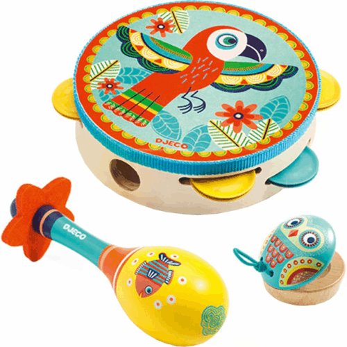 djeco set van 3 muziekinstrumenten tambourijn, maracas, castagnette