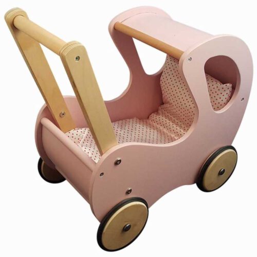 houten poppenwagen retro met dekbed lichtroze