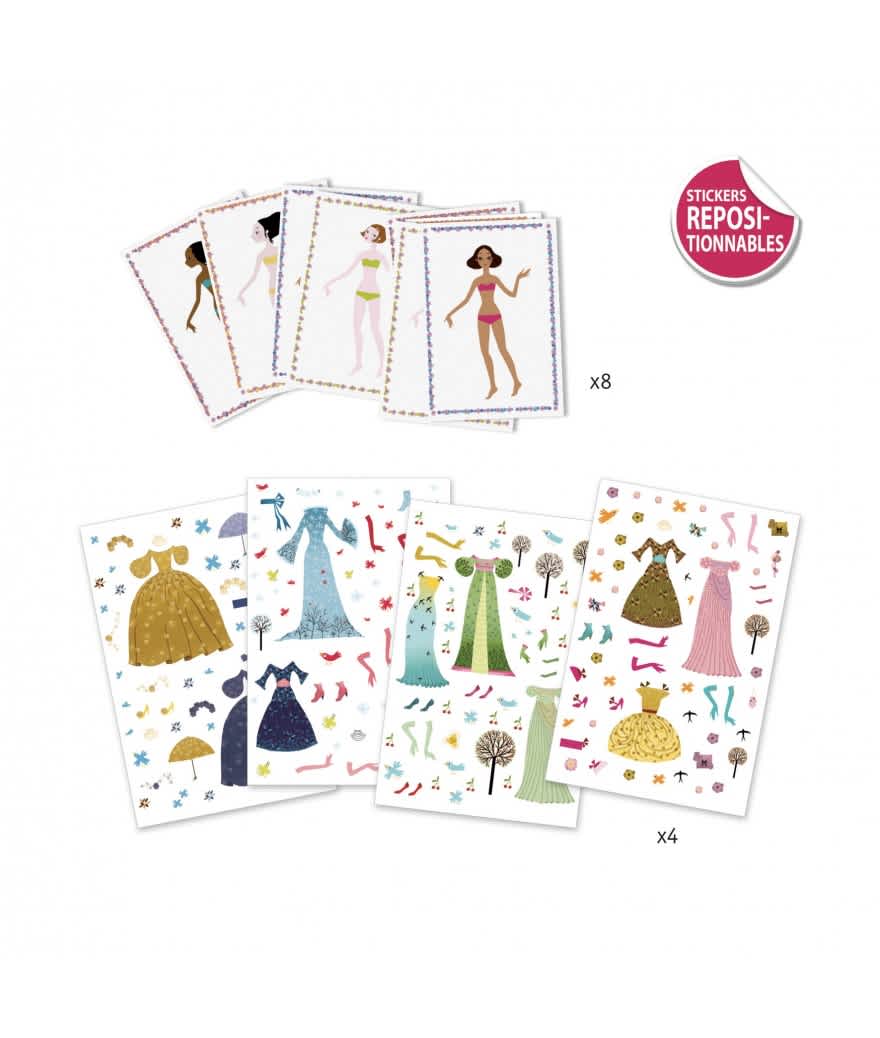 djeco herbruikbaar stickeren jurken en accessoires 4 seizoenen