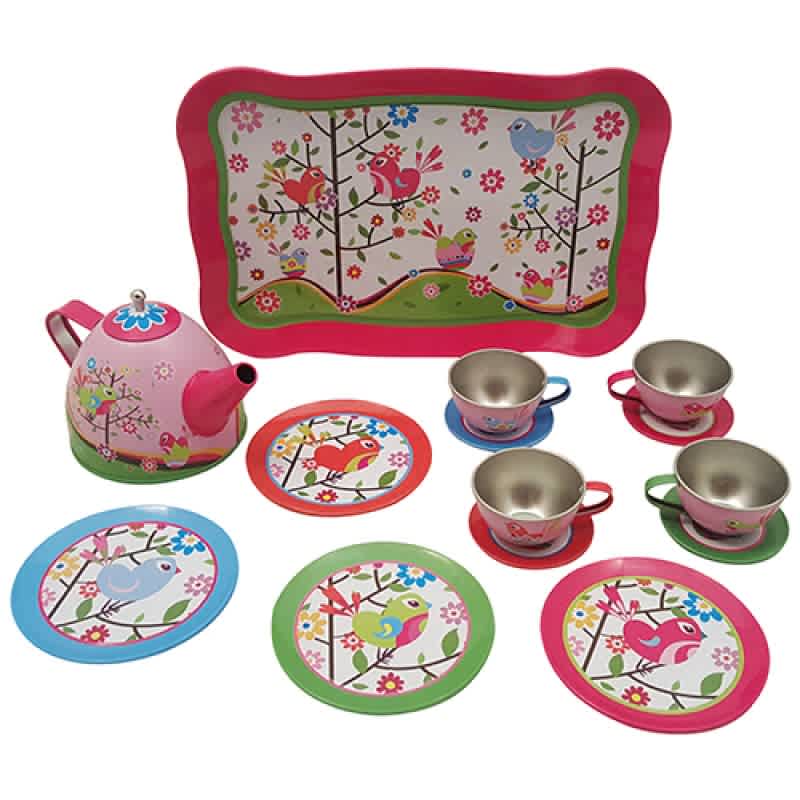 blikken serviesje met dienblad (bloem/vogel)