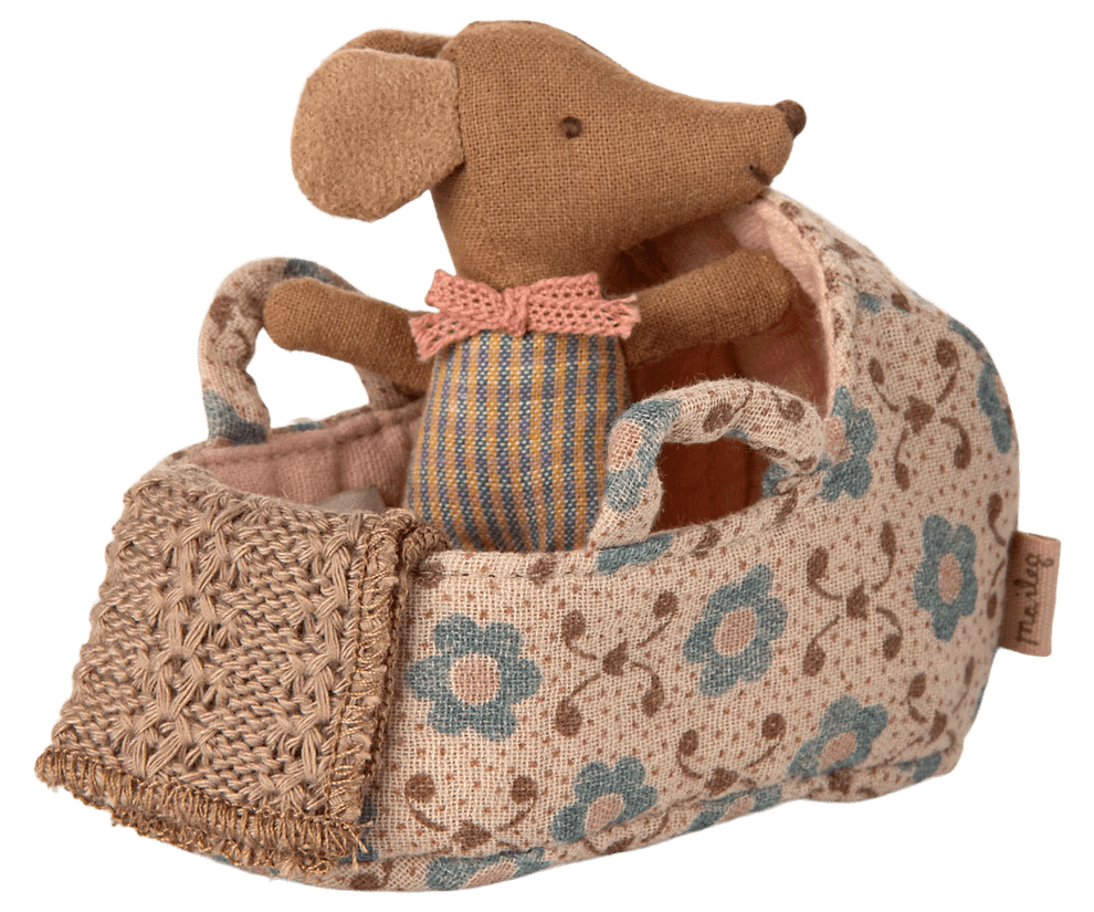maileg carry cot, baby mouse rose