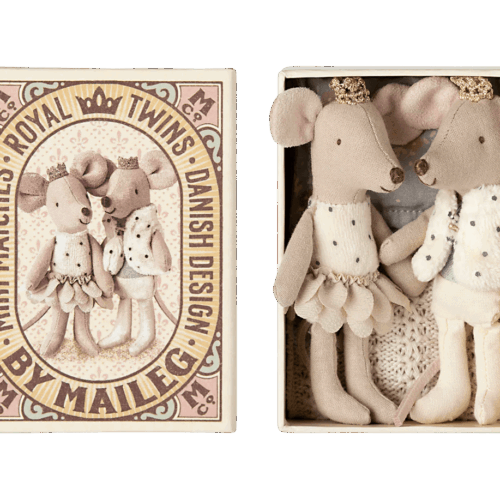 maileg royal twins, kleine zus en broer in luciferdoos