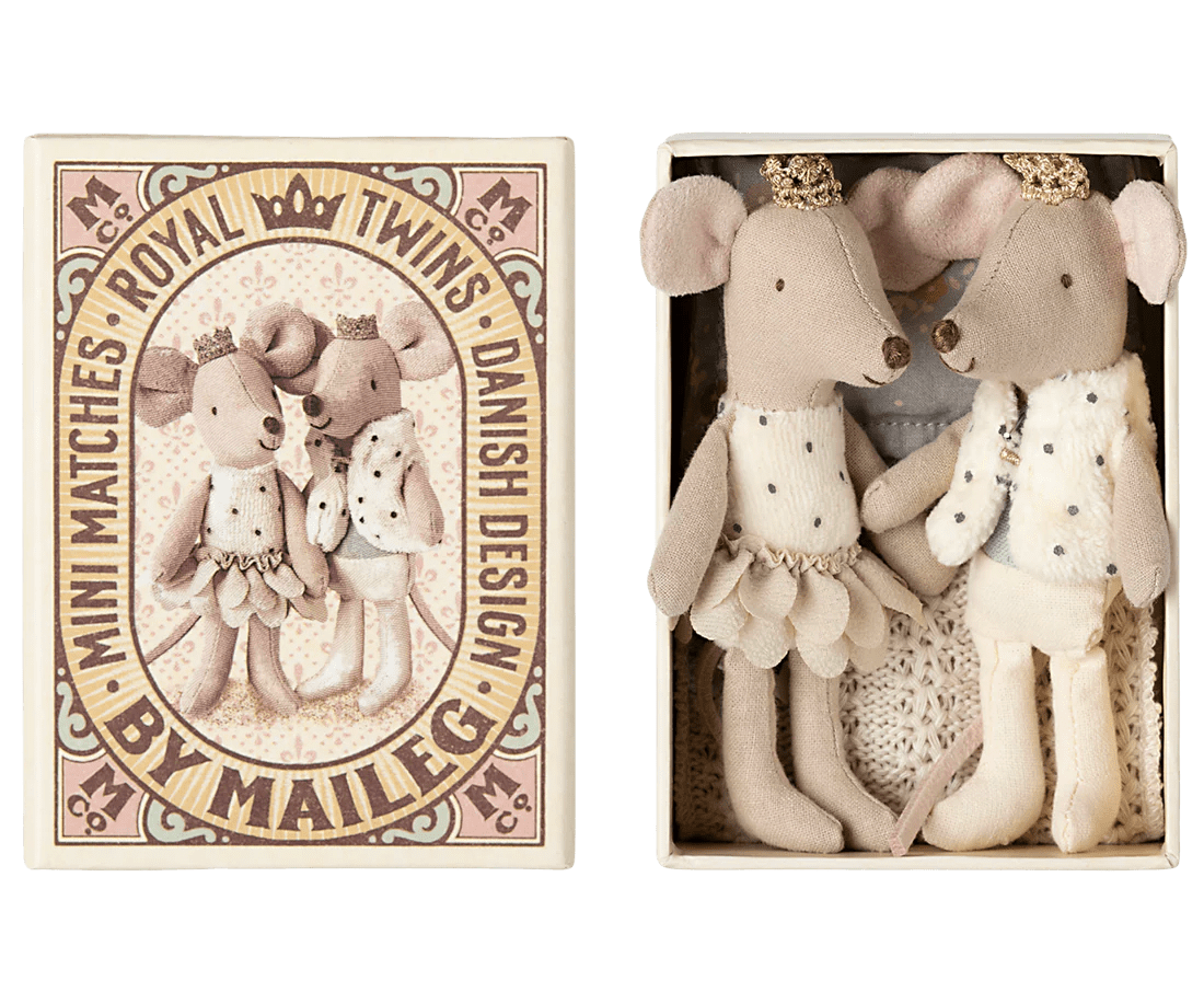 maileg royal twins, kleine zus en broer in luciferdoos