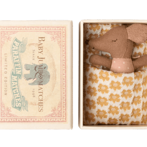 maileg sleepy/wakey baby mouse in matchbox rose