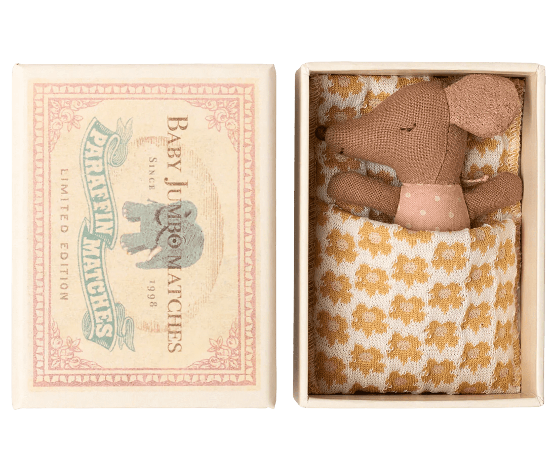 maileg sleepy/wakey baby mouse in matchbox rose