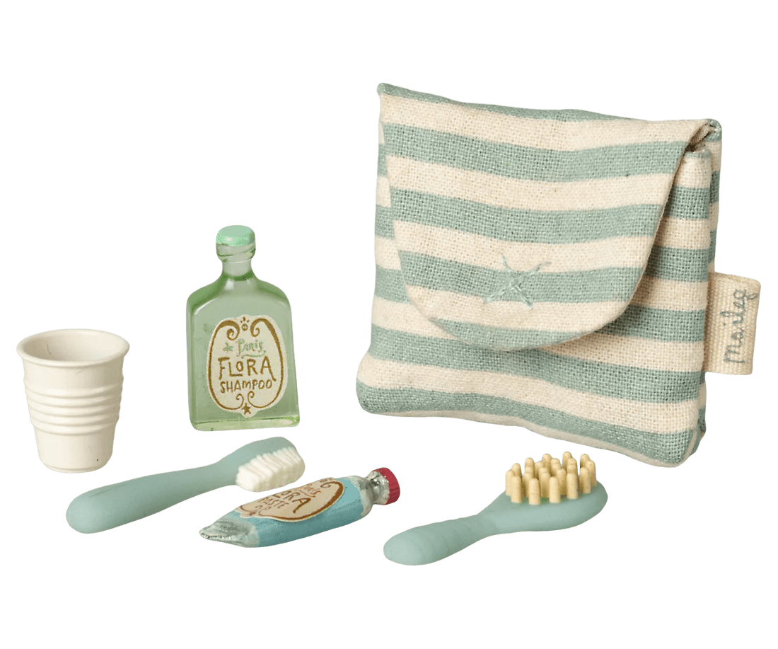 maileg toothbrush set in bag, mouse blue stripe