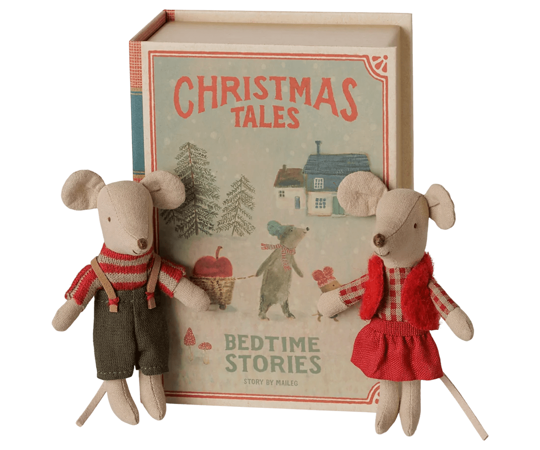 maileg christmas twin mice, little sister and little brother in book