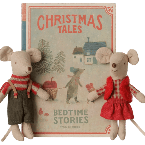 maileg christmas twin mice, little sister and little brother in book